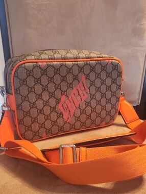 Inspired By Desiner Brown Supreme Crossbody with Orange Accents